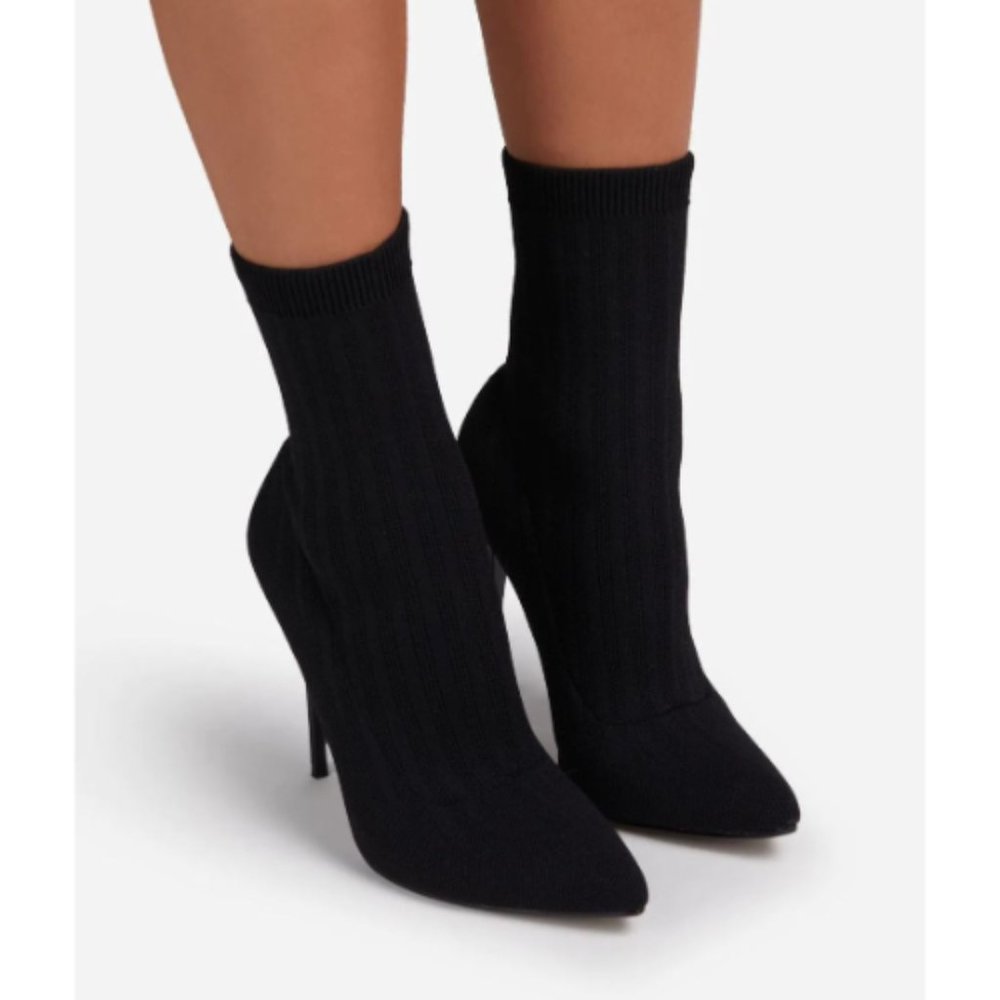 Womens Ribbed Knit Pointy Toe Sock Ankle Boots Black Size 6